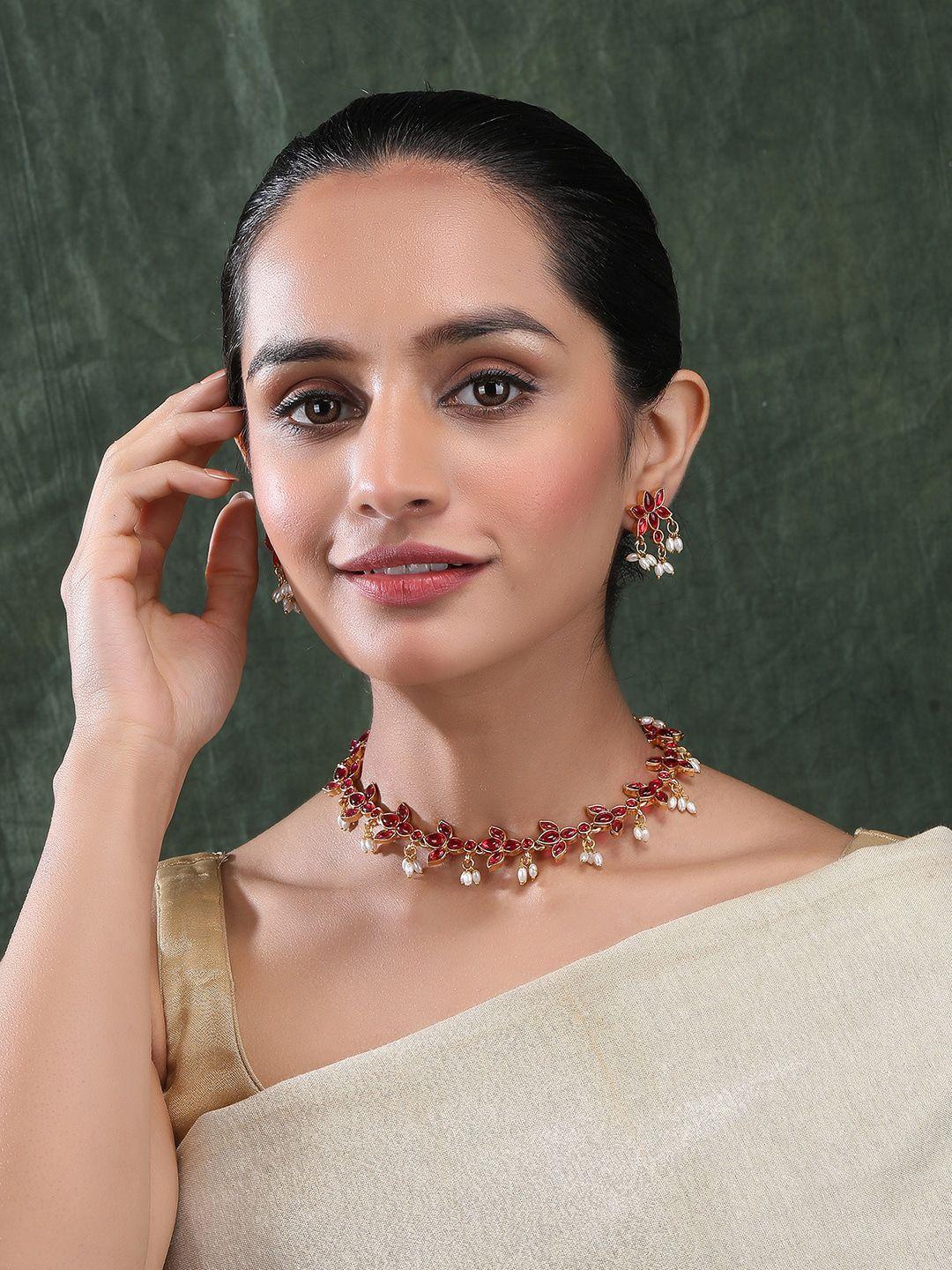 Gold Plated Stones Studded And Beaded Jewellery Set