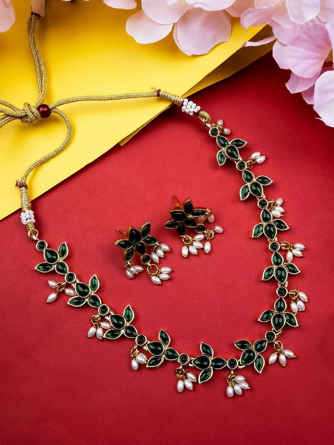 Gold Plated Stones Studded And Beaded Jewellery Set - Indya