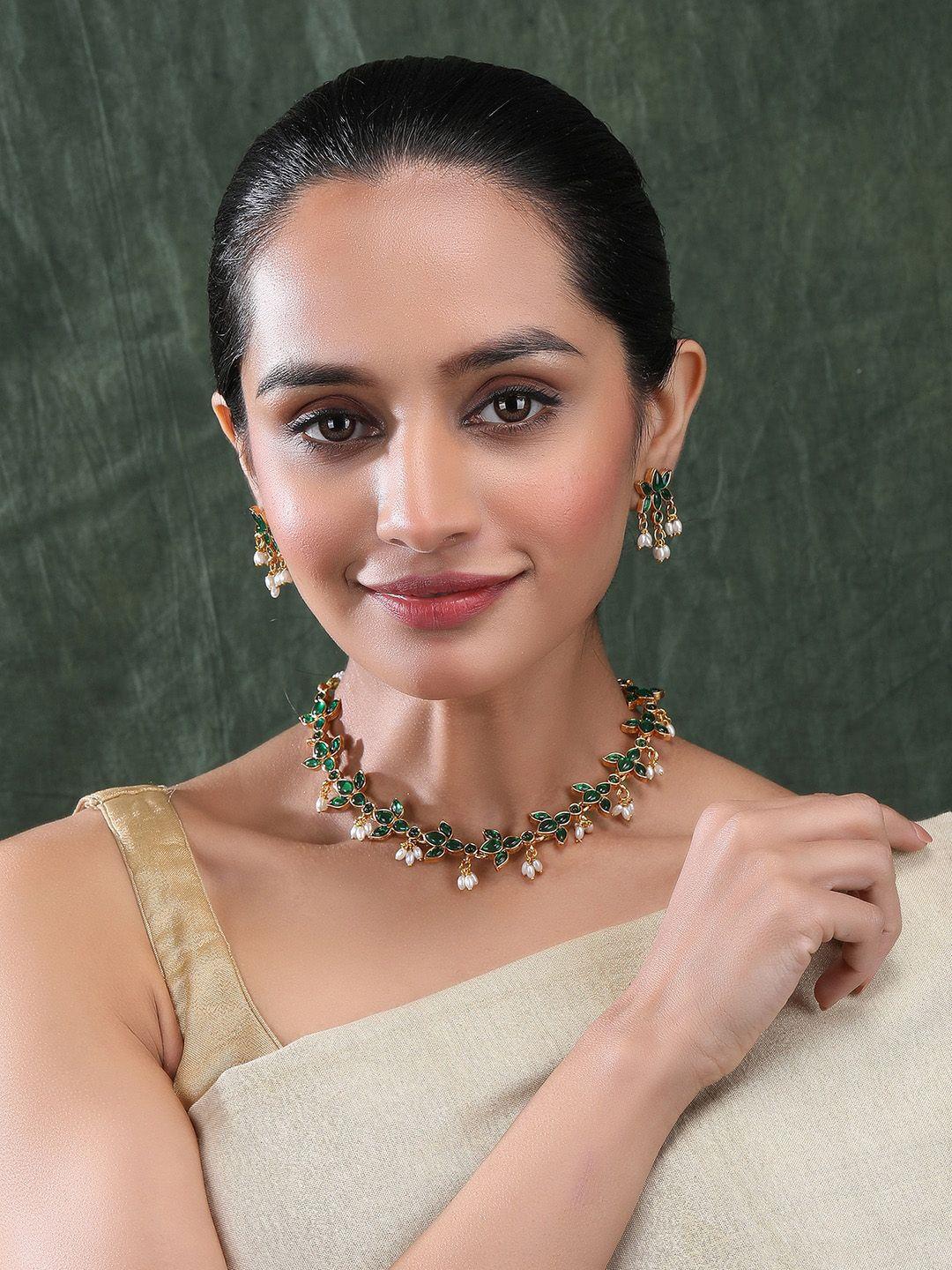 Gold Plated Stones Studded And Beaded Jewellery Set