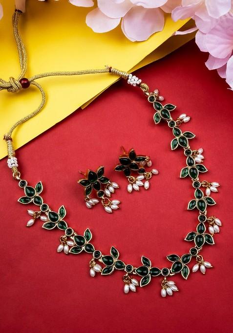 Gold Plated Stones Studded And Beaded Jewellery Set