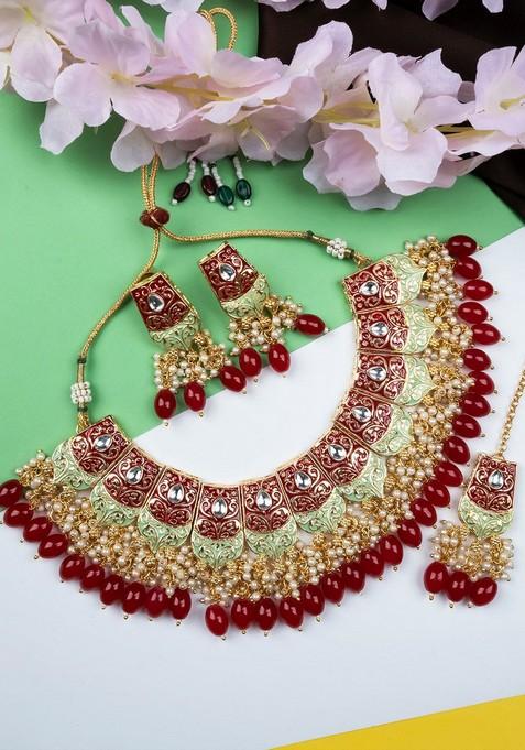 Gold Plated Kundan Meenakari Jewellery Set