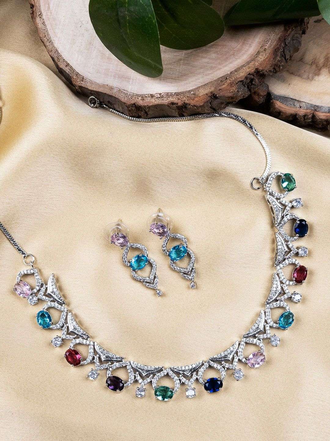 Rhodium Plated Cz And Ad Studded Jewellery Set - Indya