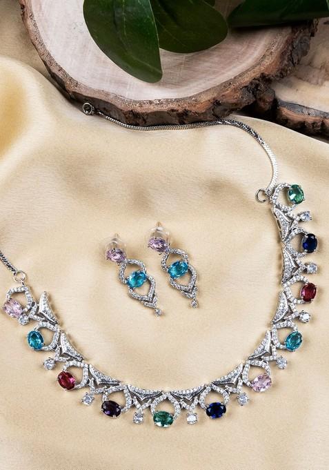 Rhodium Plated Cz And Ad Studded Jewellery Set