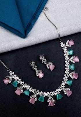 Silver Plated Cz And Ad Studded Jewellery Set