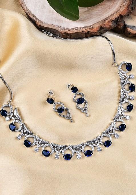 Rhodium Plated Cz And Ad Studded Jewellery Set