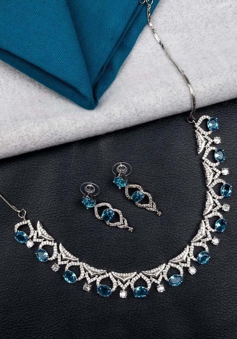 Rhodium Plated Cz And Ad Studded Jewellery Set