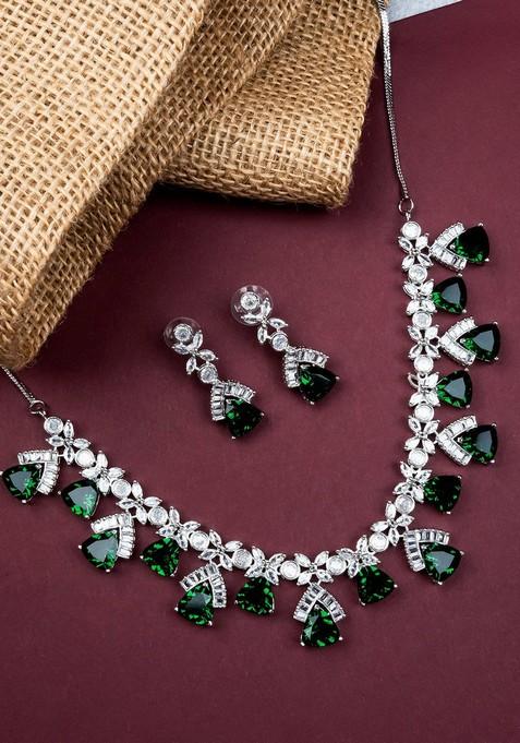 Silver Plated Cz And Ad Studded Jewellery Set