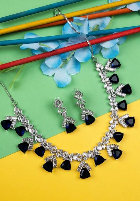 Silver Plated Cz And Ad Studded Jewellery Set