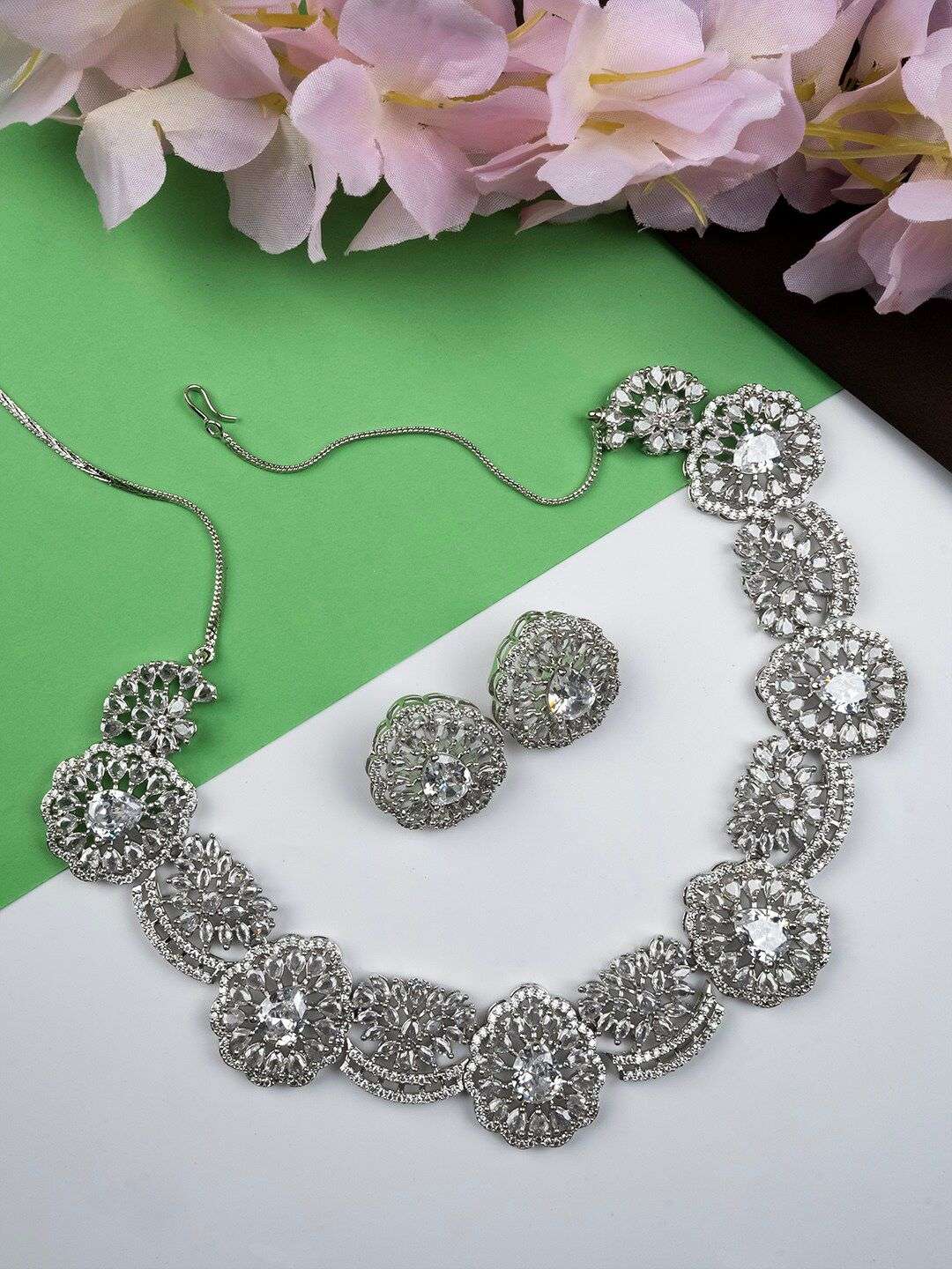 Silver Plated Cz And Ad Studded Jewellery Set - Indya