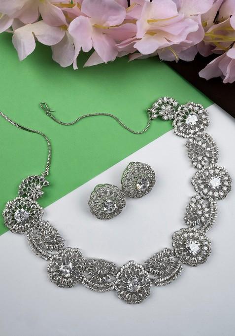 Silver Plated Cz And Ad Studded Jewellery Set