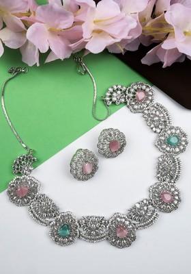 Silver Plated Cz And Ad Studded Flower Motif Jewellery Set