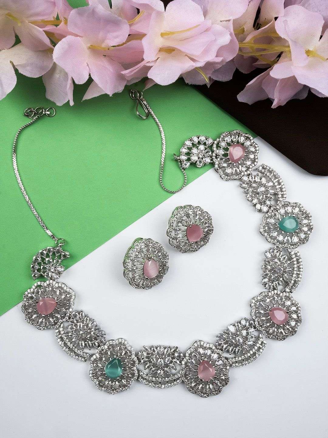 Silver Plated Cz And Ad Studded Flower Motif Jewellery Set - Indya