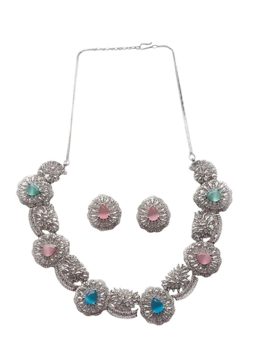 Silver Plated Cz And Ad Studded Flower Motif Jewellery Set - Indya