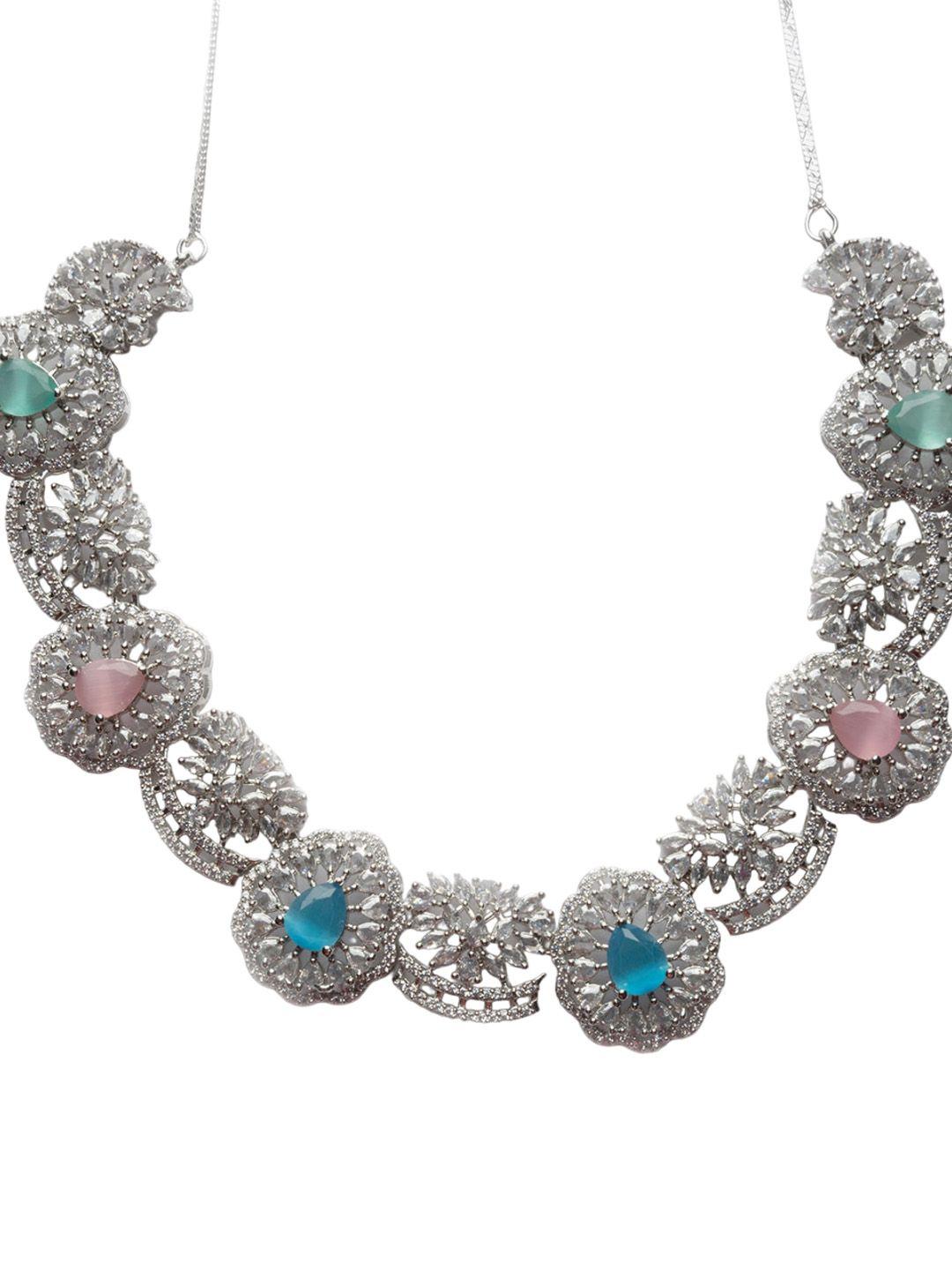 Silver Plated Cz And Ad Studded Flower Motif Jewellery Set