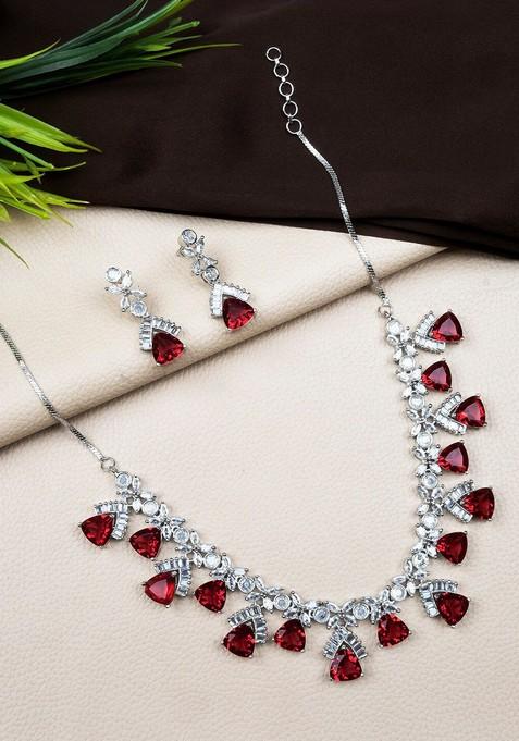 Silver Plated Cz And Ad Studded Jewellery Set