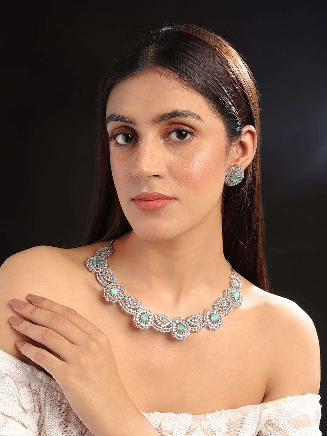 Silver Plated Cz And Ad Studded Flower Motif Jewellery Set - Indya