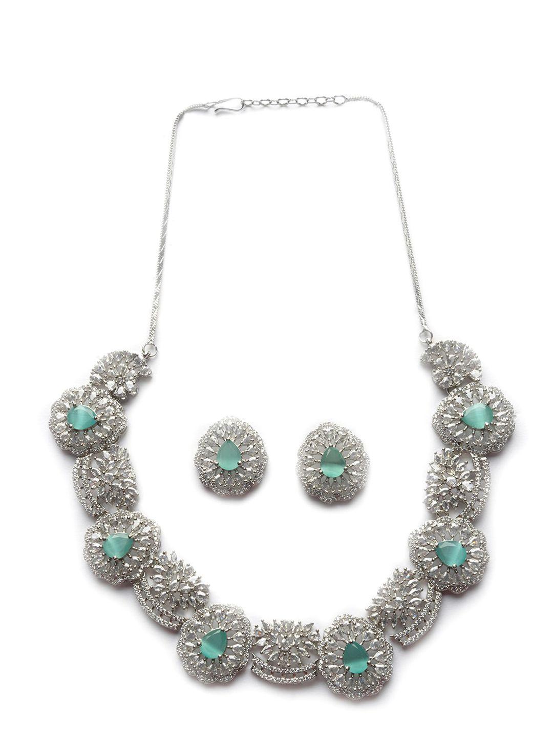 Silver Plated Cz And Ad Studded Flower Motif Jewellery Set