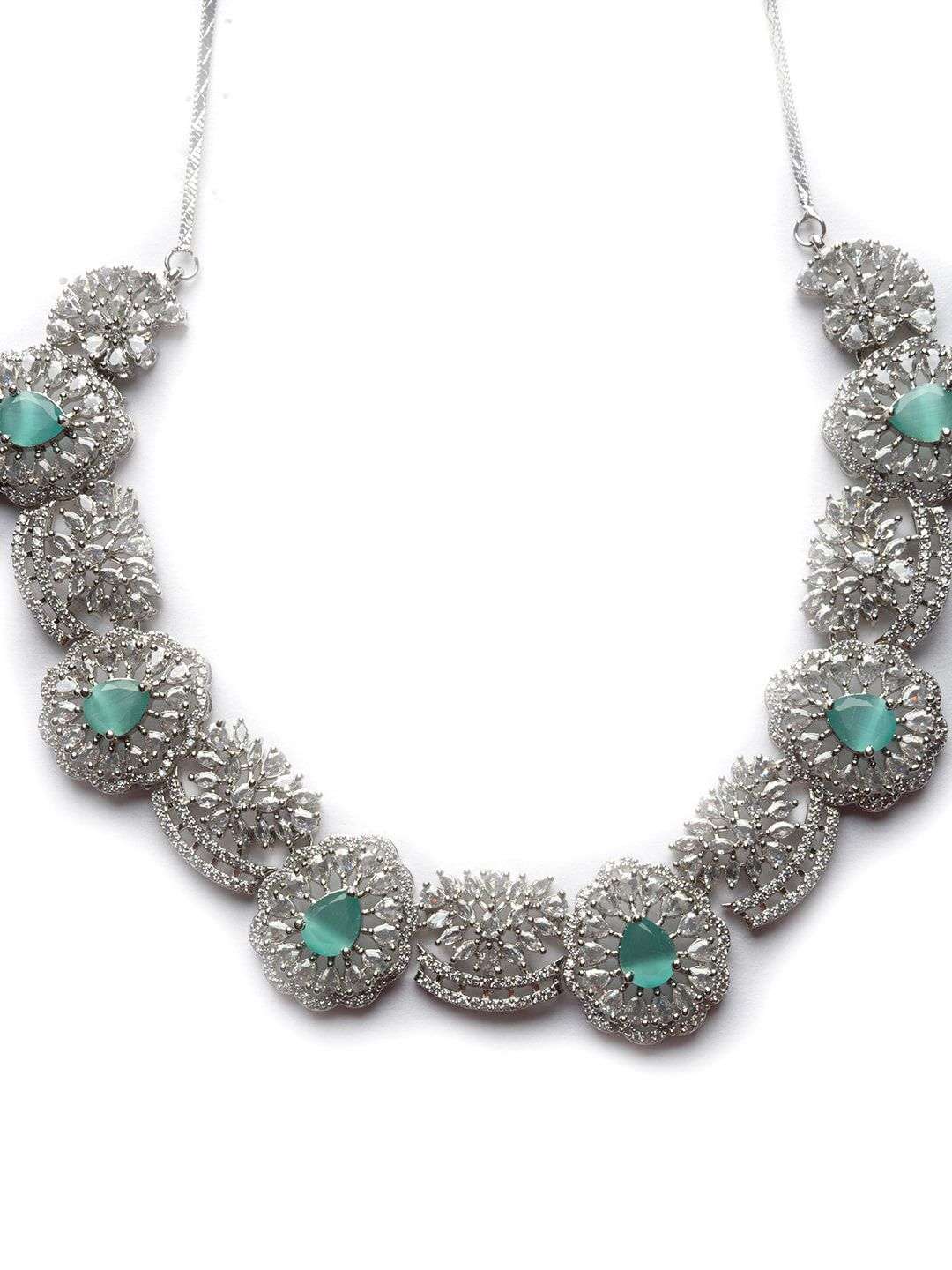 Silver Plated Cz And Ad Studded Flower Motif Jewellery Set - Indya