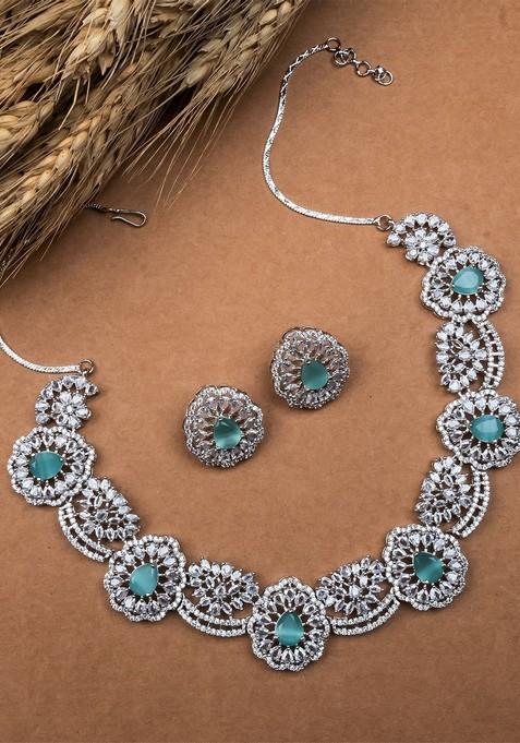 Silver Plated Cz And Ad Studded Flower Motif Jewellery Set