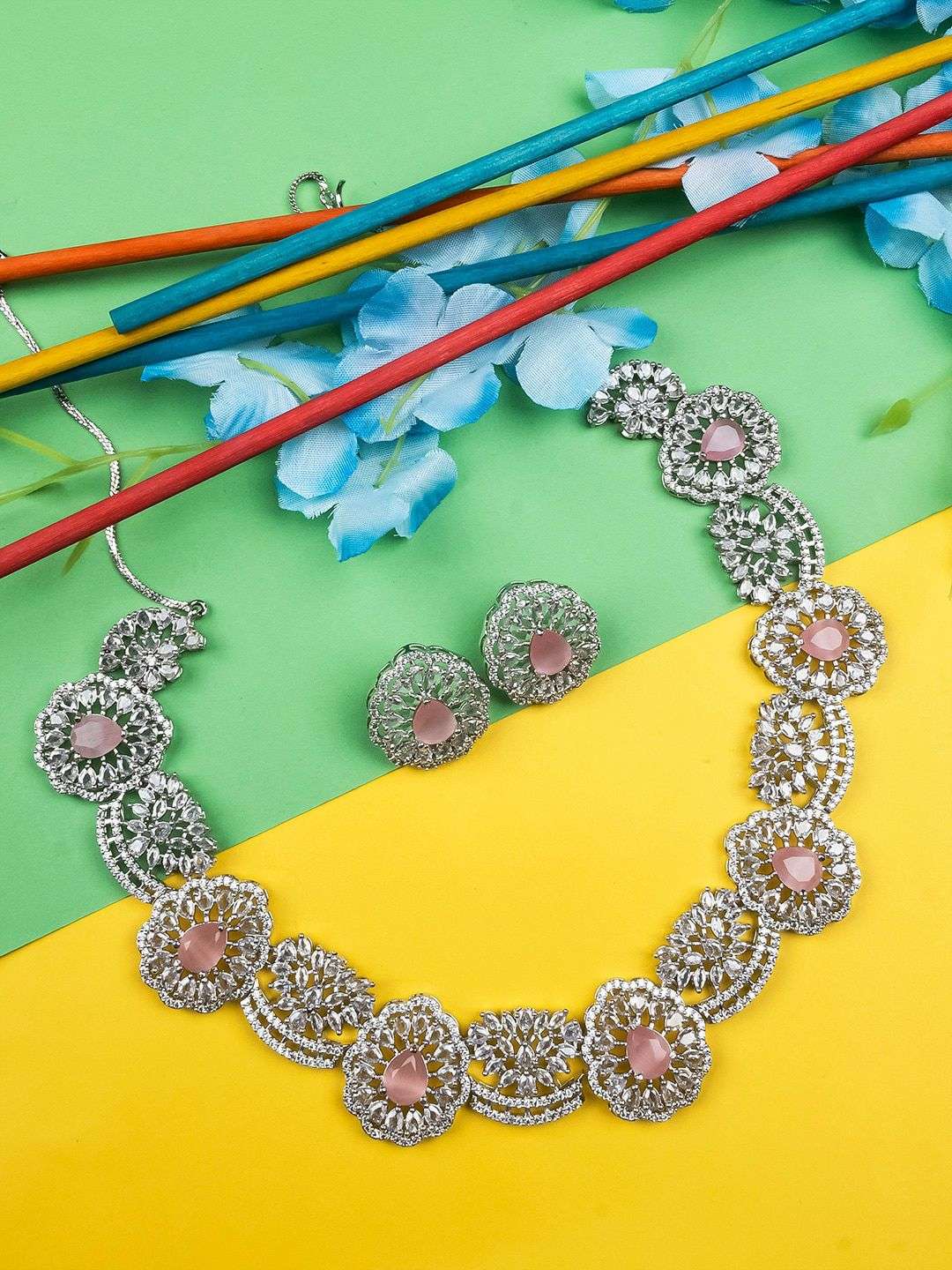 Silver Plated Cz And Ad Studded Flower Motif Jewellery Set - Indya
