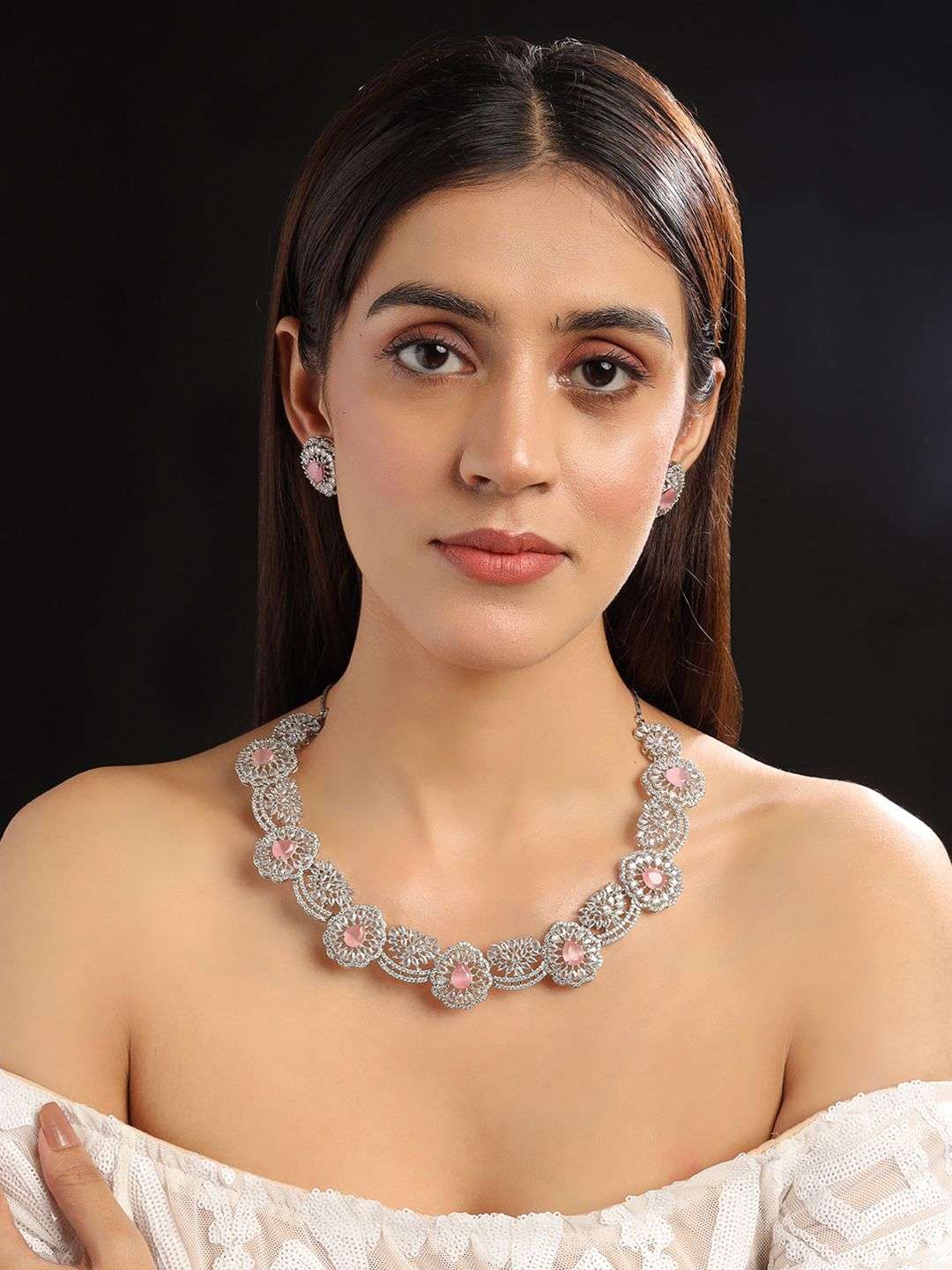 Silver Plated Cz And Ad Studded Flower Motif Jewellery Set - Indya