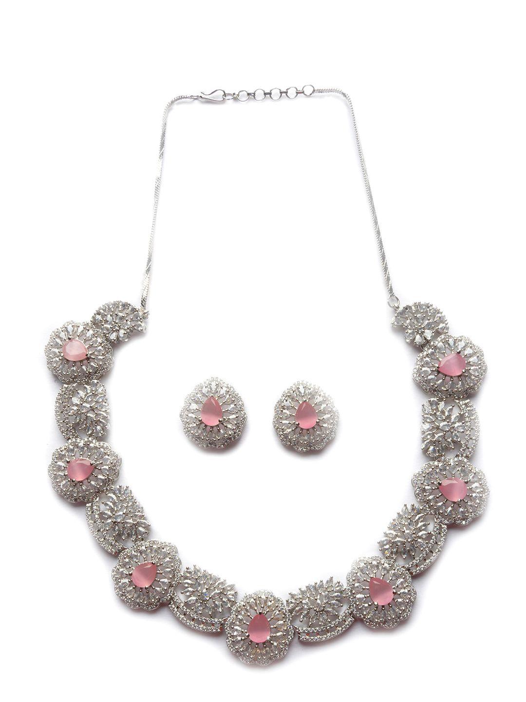 Silver Plated Cz And Ad Studded Flower Motif Jewellery Set