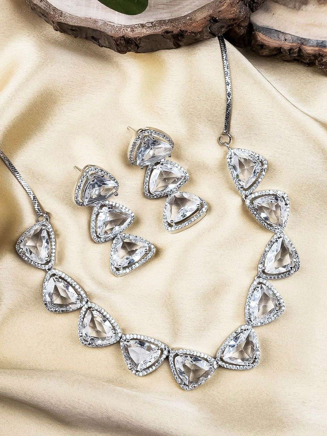 Silver Plated Cz Studded Jewellery Set - Indya