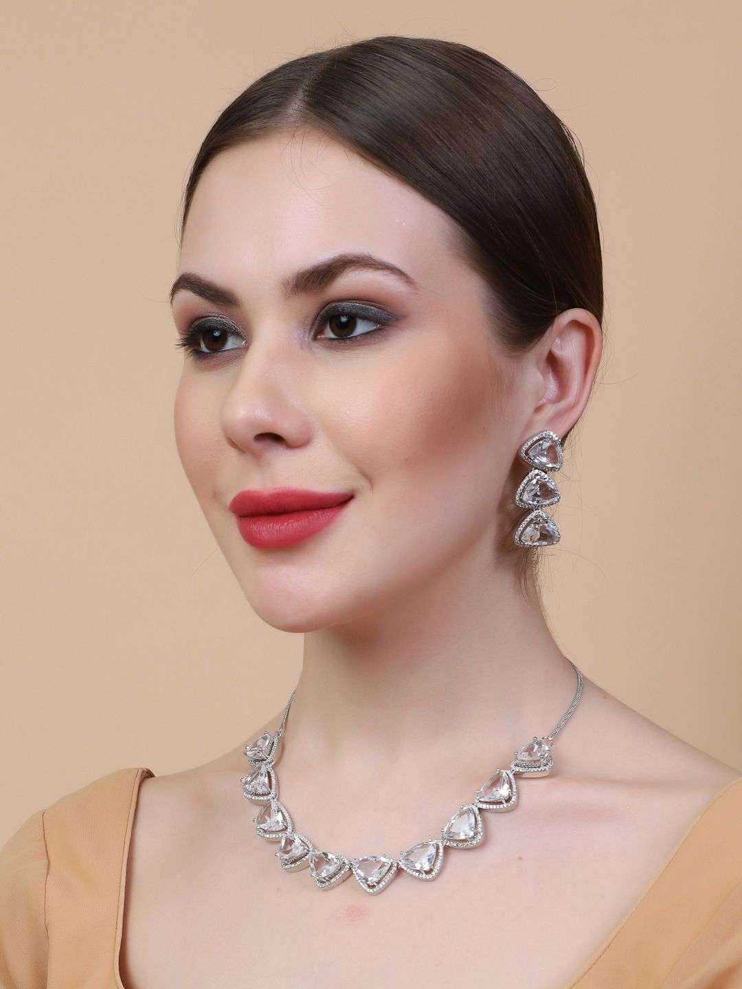 Silver Plated Cz Studded Jewellery Set - Indya