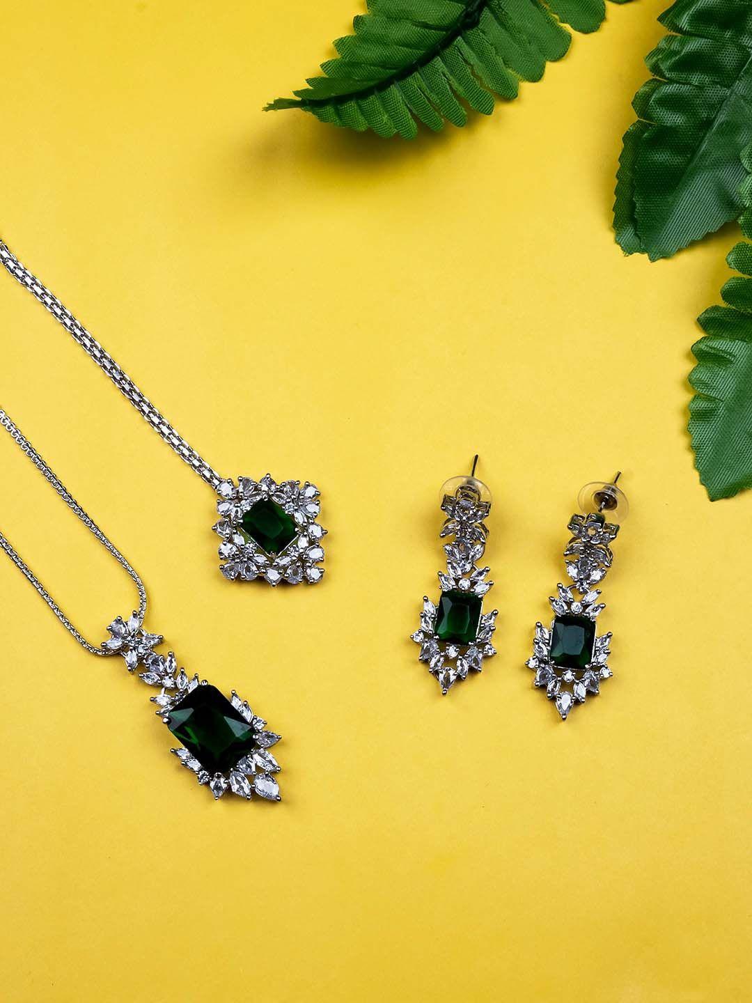 Silver Plated Ad Studded Leaf Pendant Set