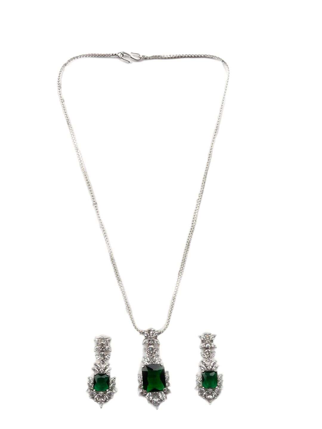Silver Plated Ad Studded Leaf Pendant Set - Indya