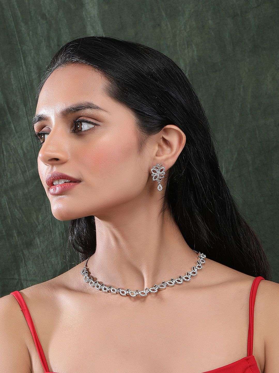 Silver Plated Ad Studded Jewellery Set - Indya