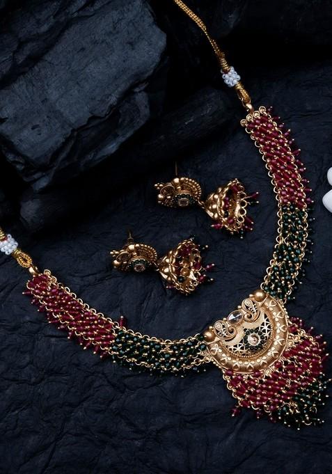 Gold Plated Hydra Beaded Necklace And Earrings