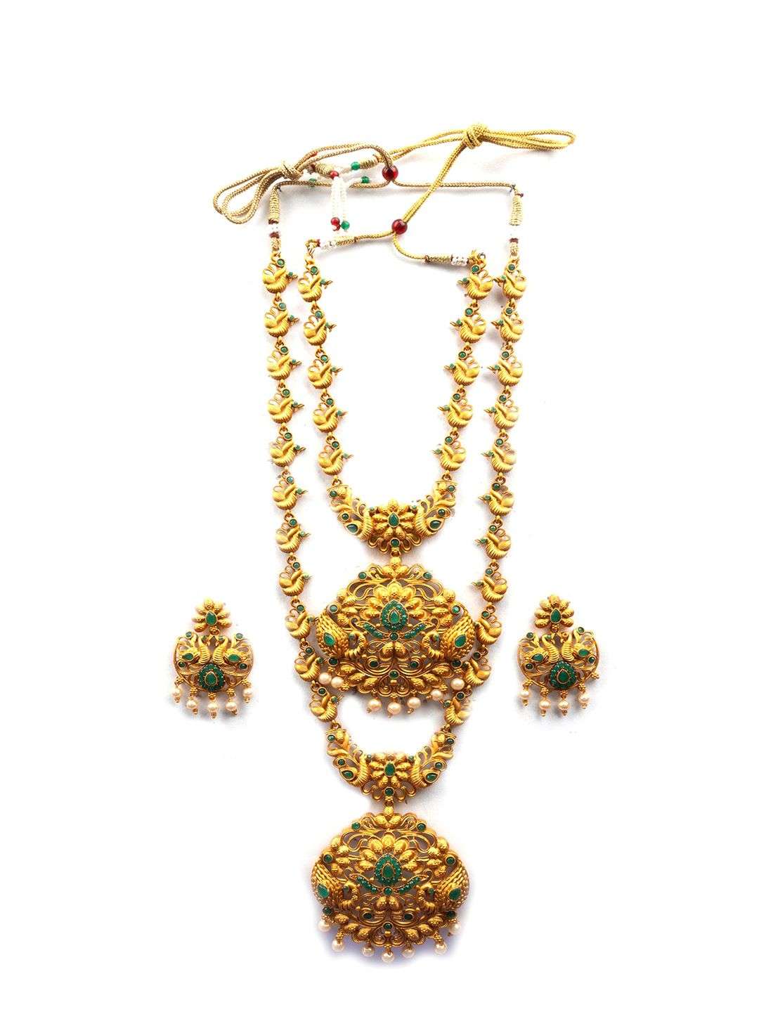 Gold Plated Stone Studded And Beaded Temple Jewellery Set - Indya