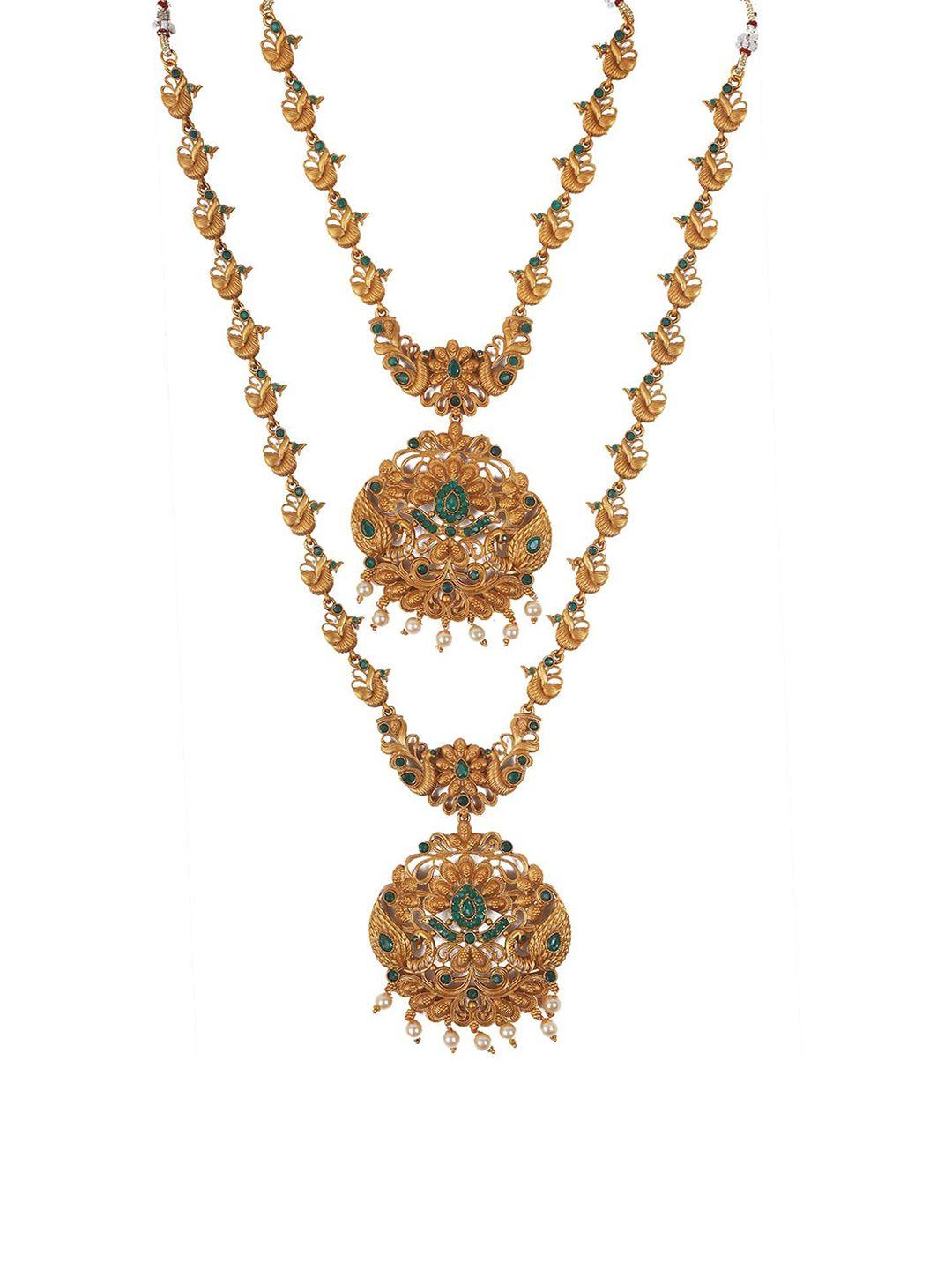 Gold Plated Stone Studded And Beaded Temple Jewellery Set