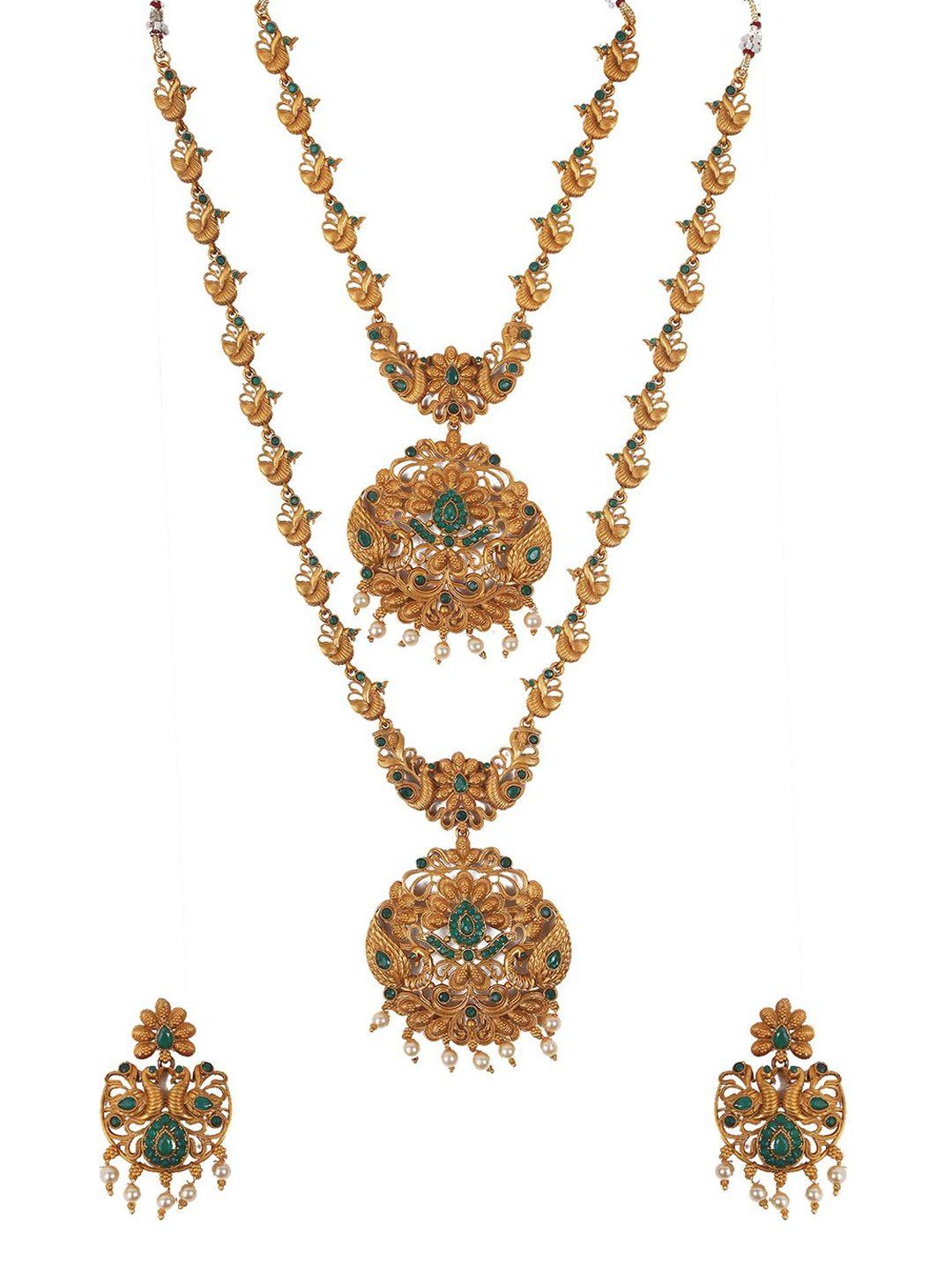 Gold Plated Stone Studded And Beaded Temple Jewellery Set