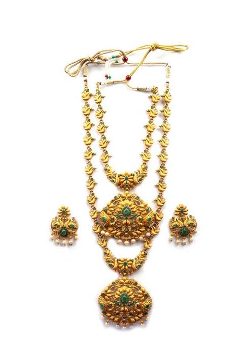 Gold Plated Stone Studded And Beaded Temple Jewellery Set
