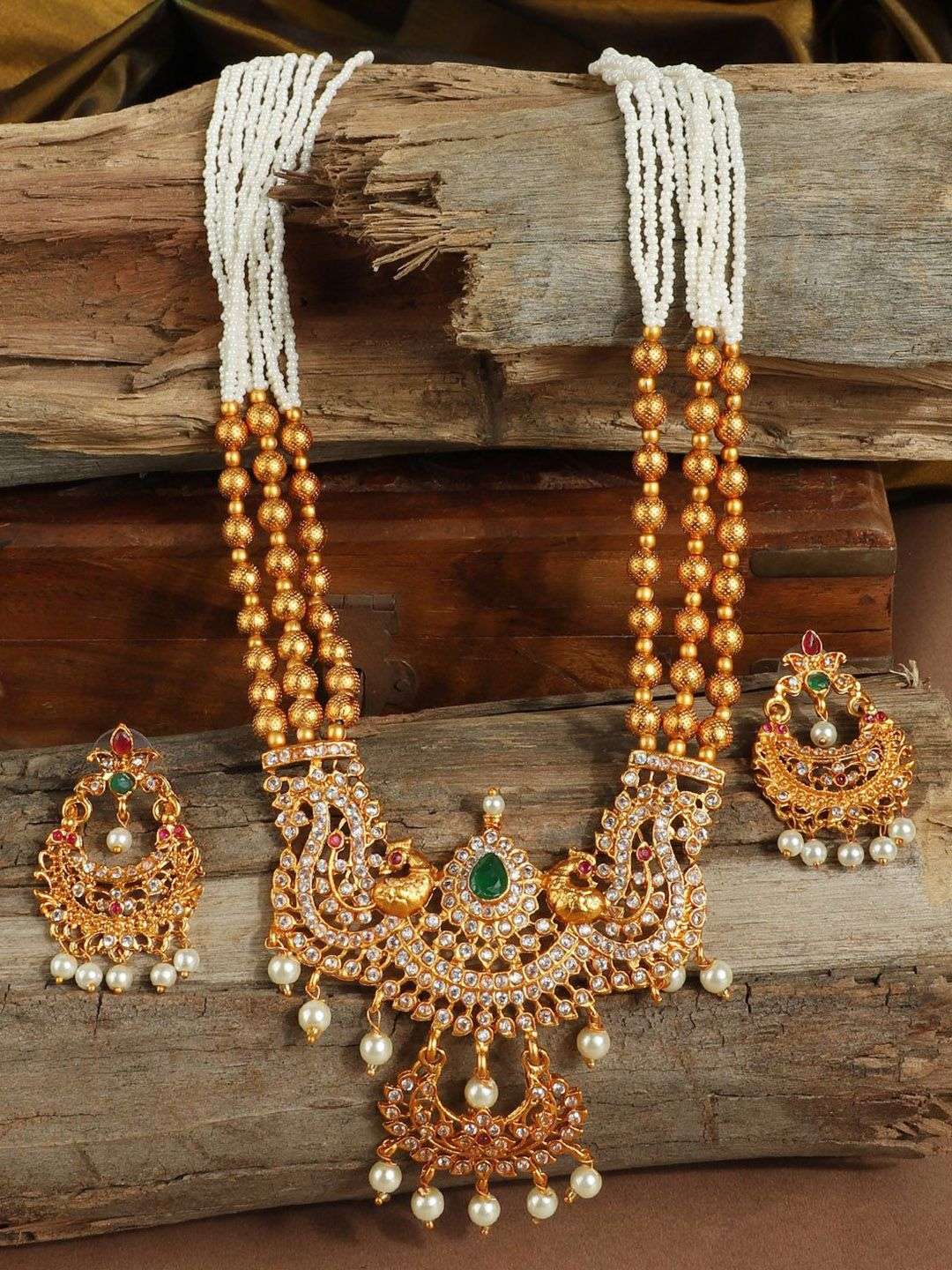 Gold Plated Stones Studded And Beaded Jewellery Set - Indya