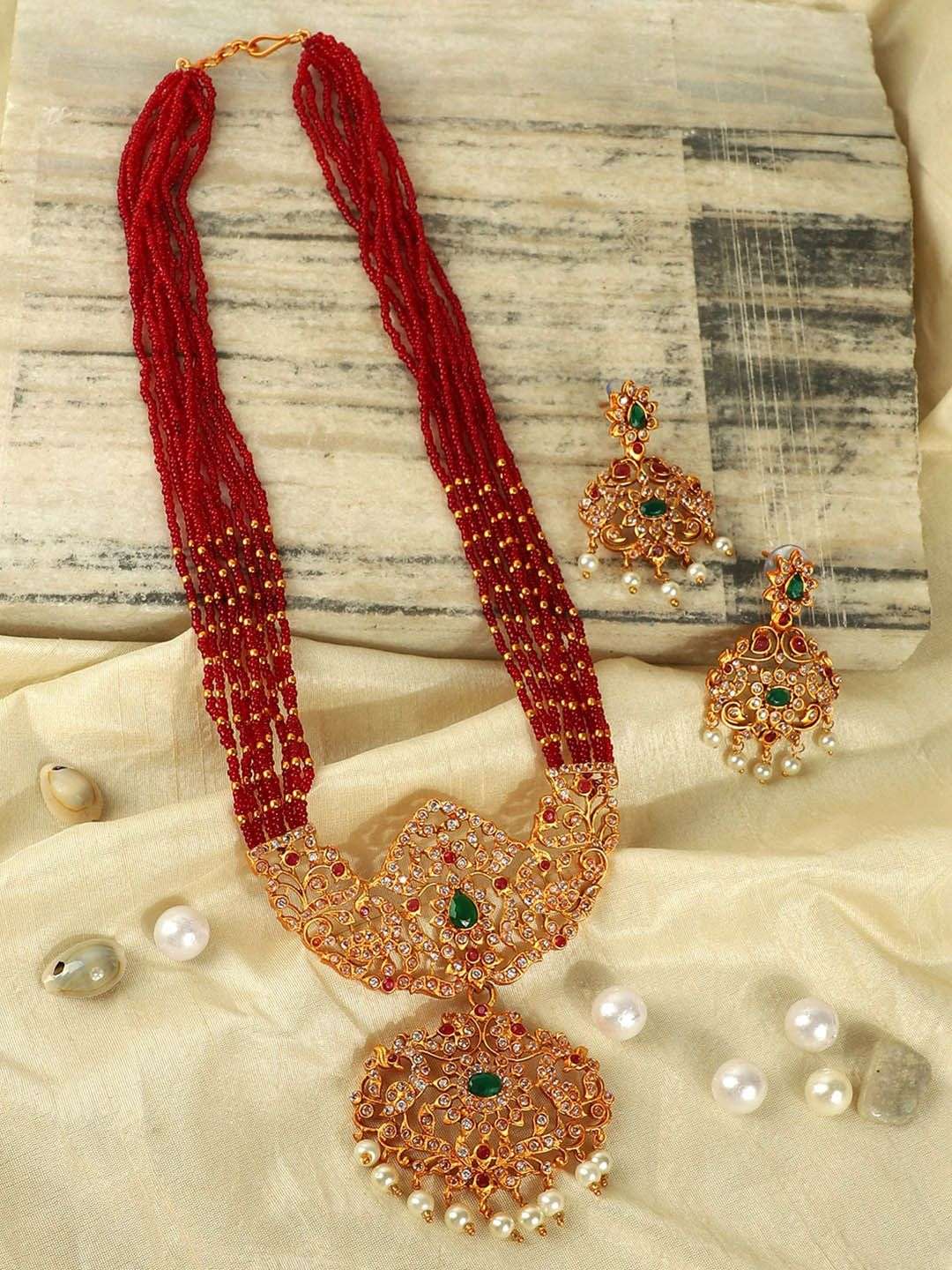 Gold Plated Stone Studded Jewellery Set - Indya