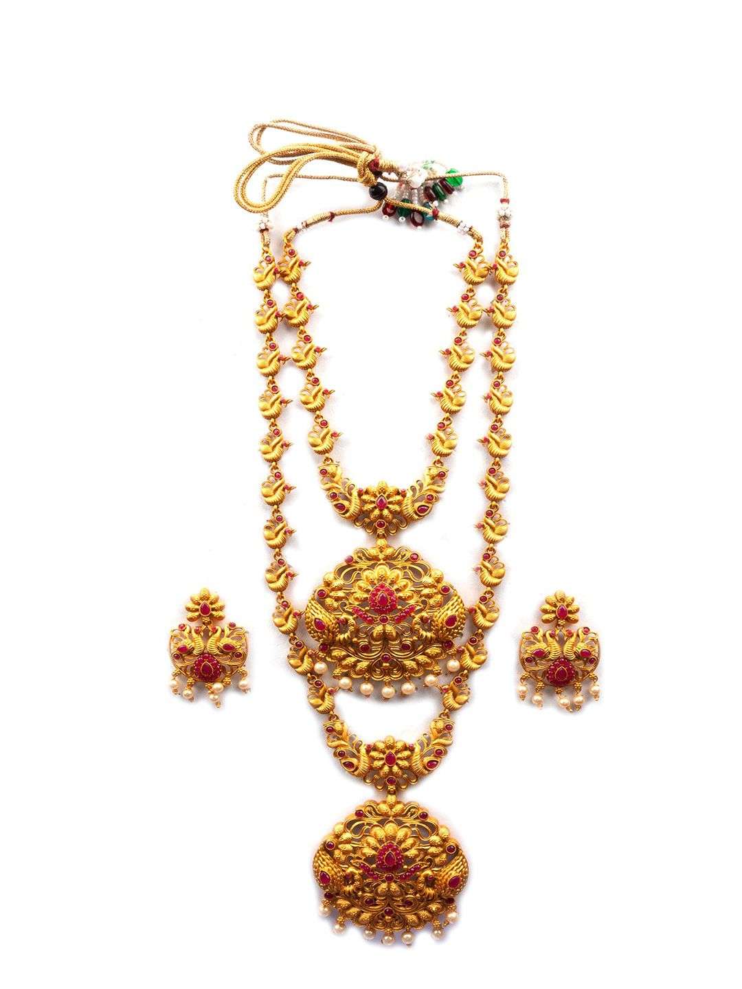 Gold Plated Red Stone Studded And Beaded Jewellery Set - Indya
