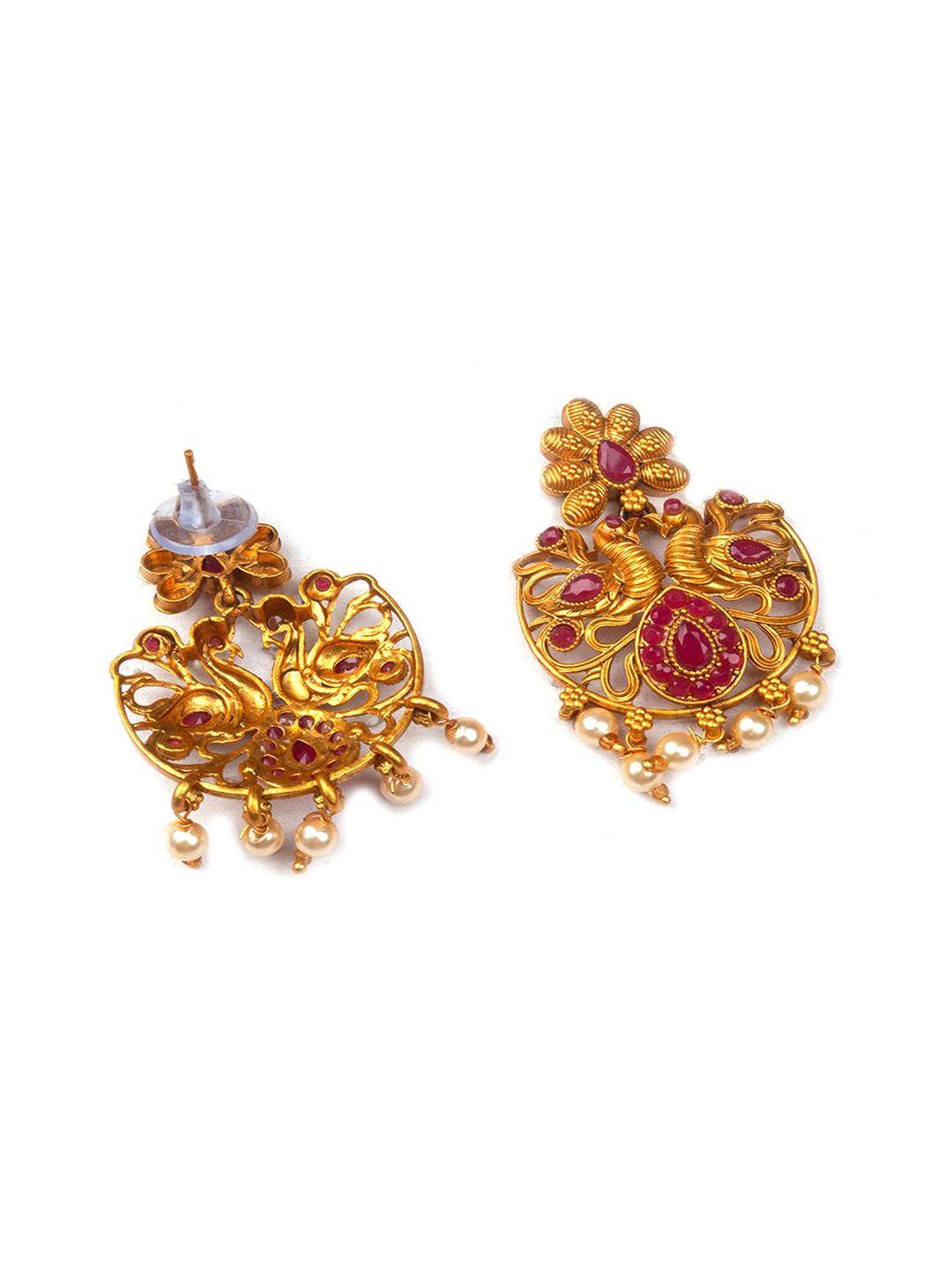 Gold Plated Red Stone Studded And Beaded Jewellery Set