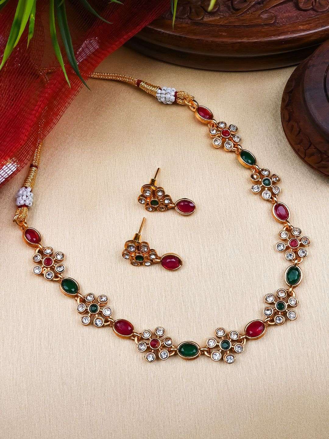 Gold Plated Stones Studded Flower Jewellery Set - Indya
