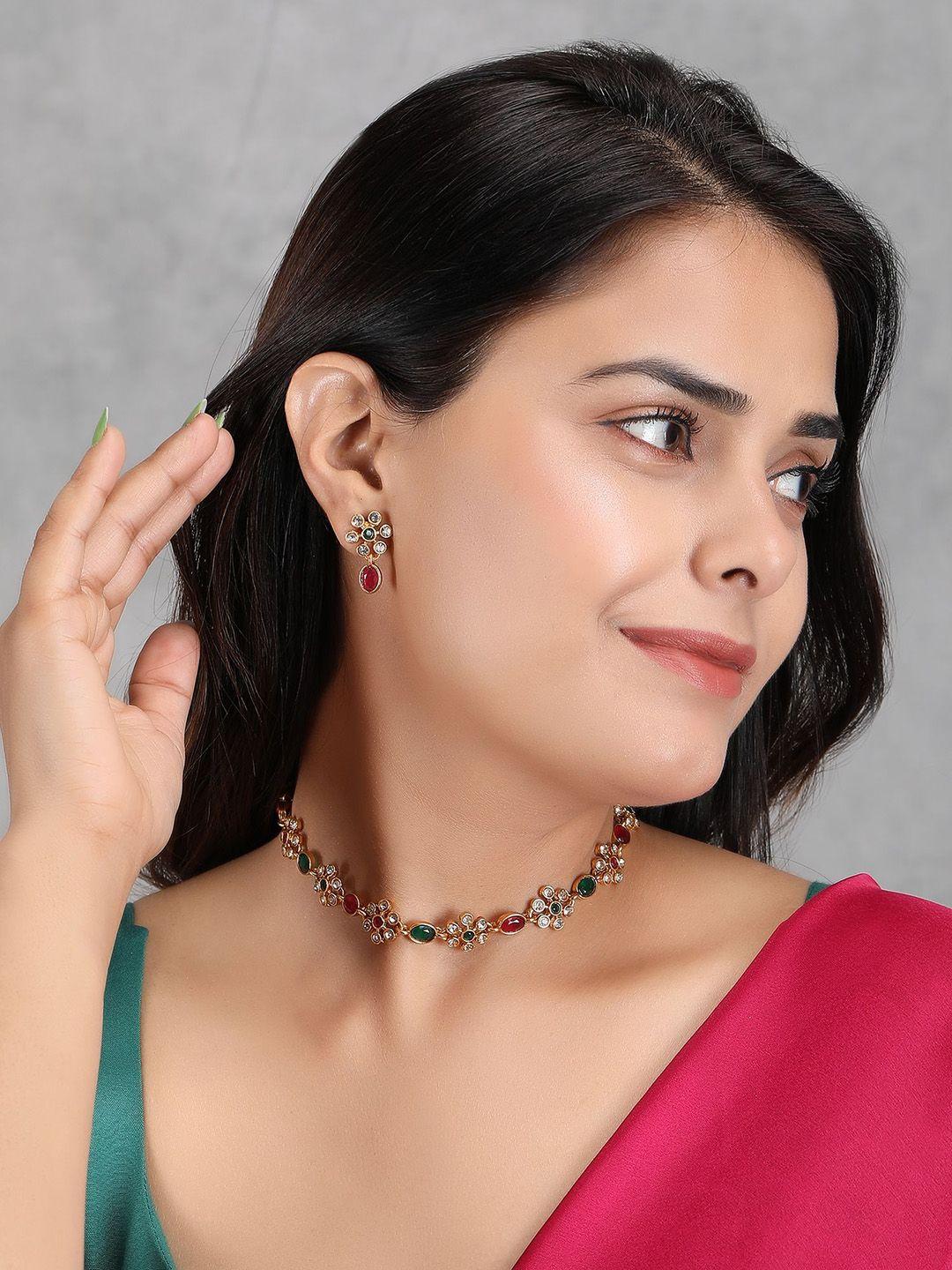 Gold Plated Stones Studded Flower Jewellery Set