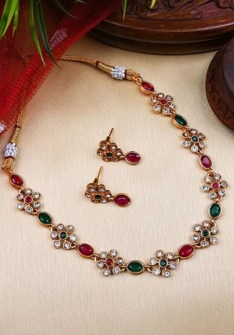 Gold Plated Stones Studded Flower Jewellery Set