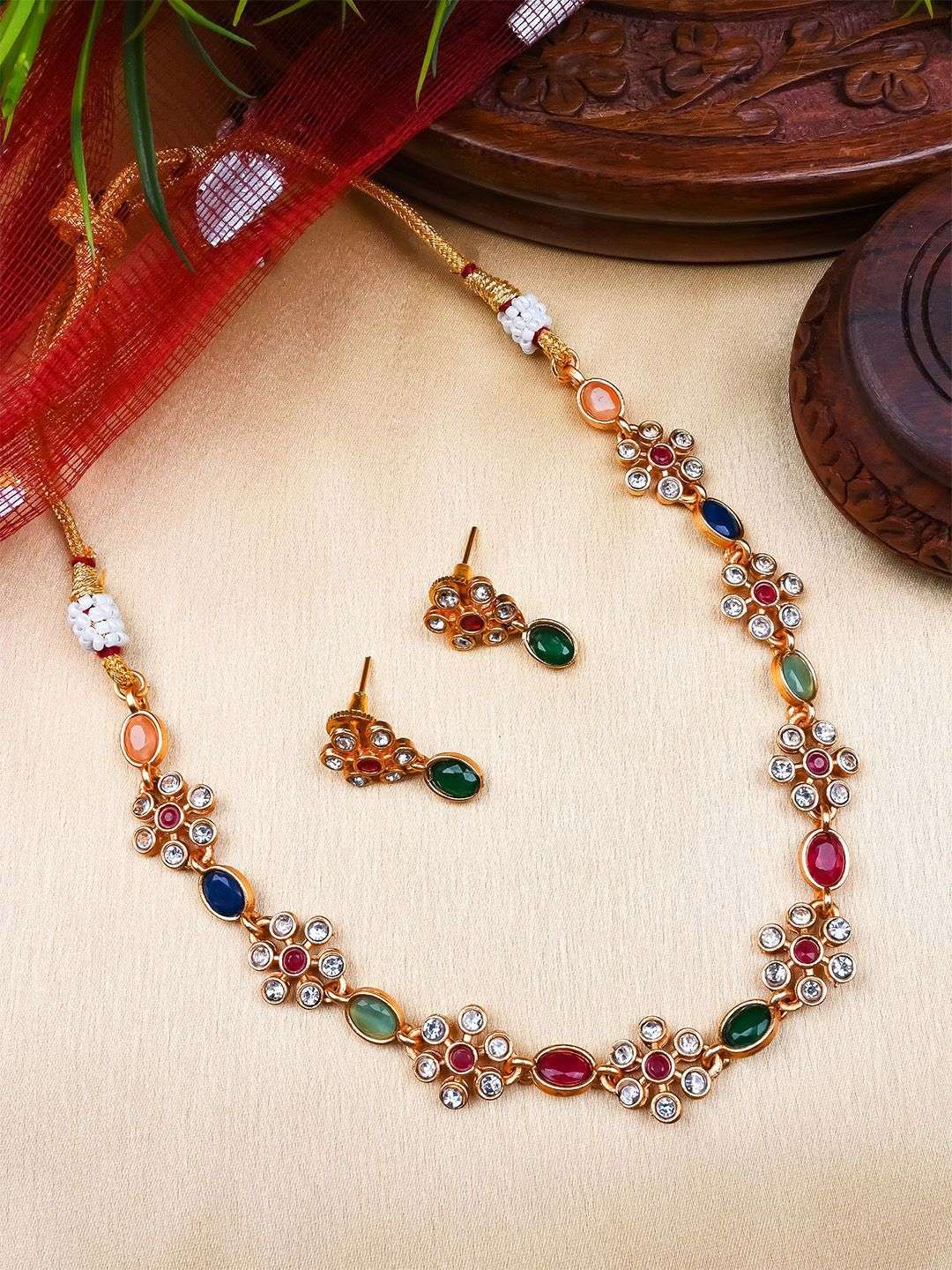 Gold Plated Stones Studded Flower Jewellery Set - Indya