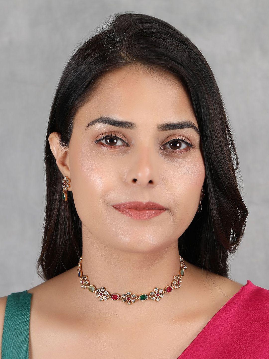 Gold Plated Stones Studded Flower Jewellery Set