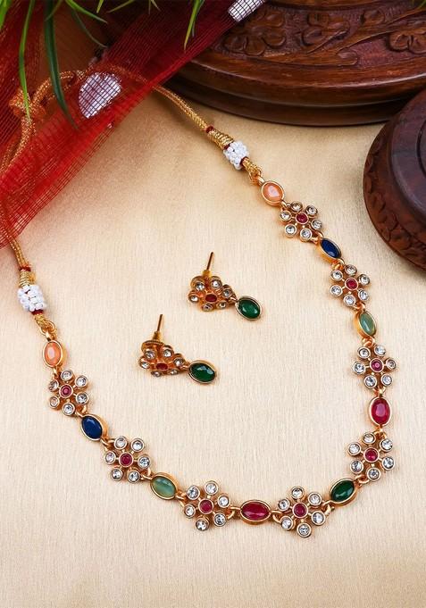 Gold Plated Stones Studded Flower Jewellery Set