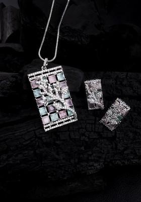 Silver Plated American Diamond Studded Big Square Necklace And Earrings