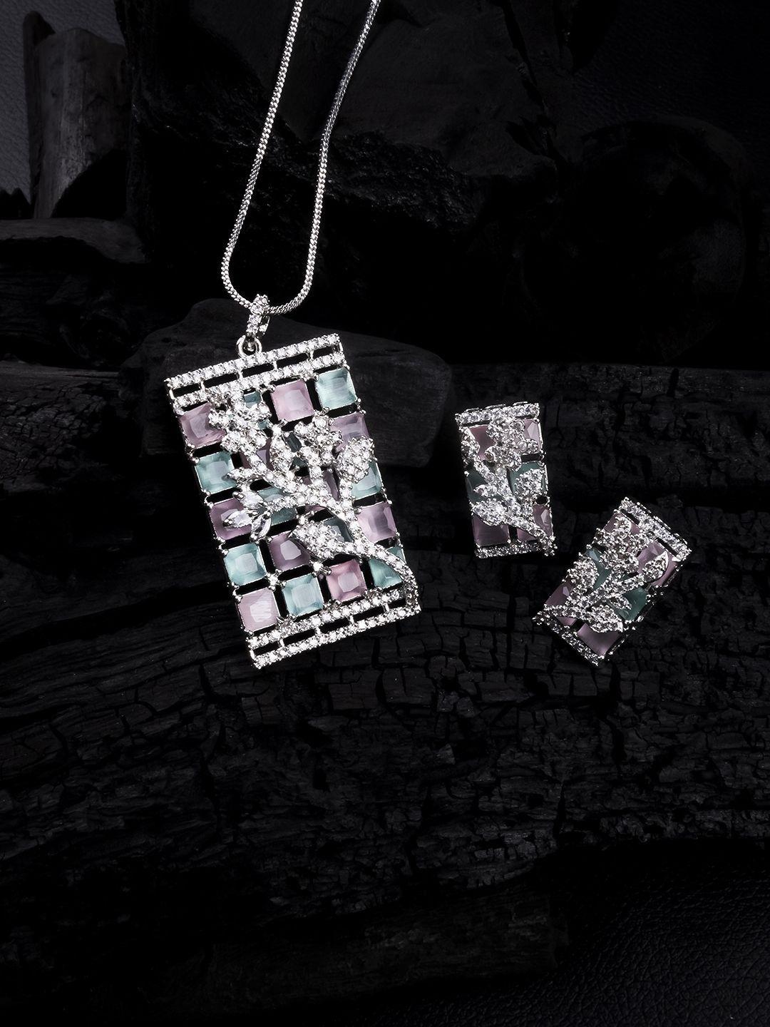 Silver Plated American Diamond Studded Big Square Necklace And Earrings