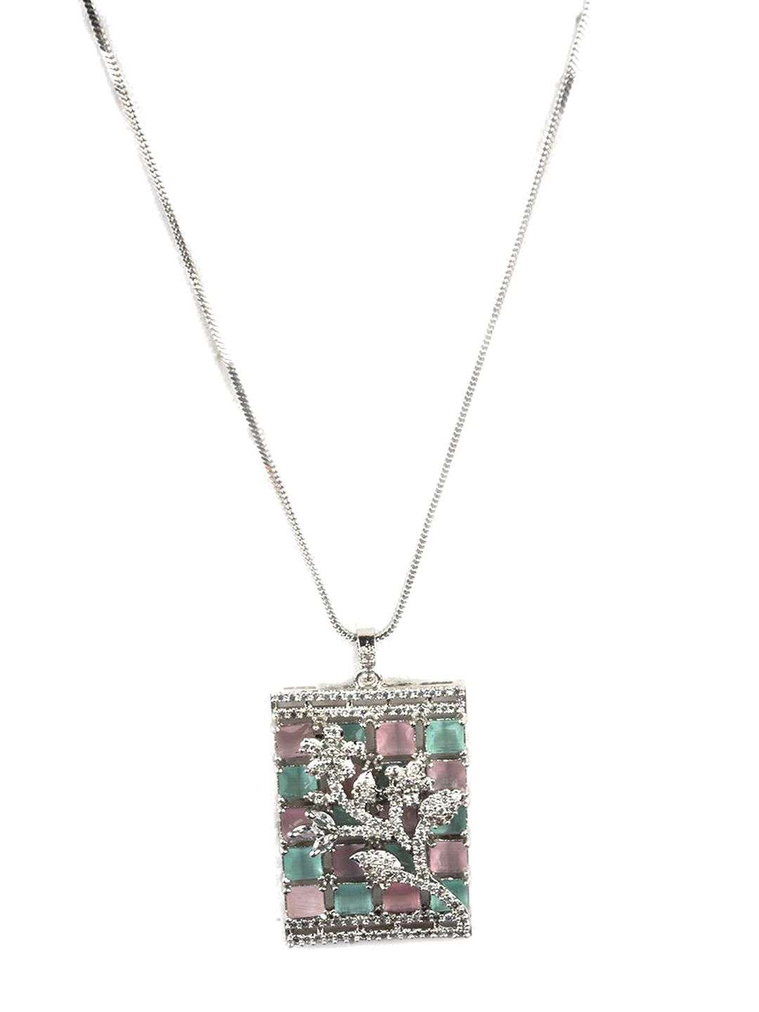 Silver Plated American Diamond Studded Big Square Necklace And Earrings - Indya