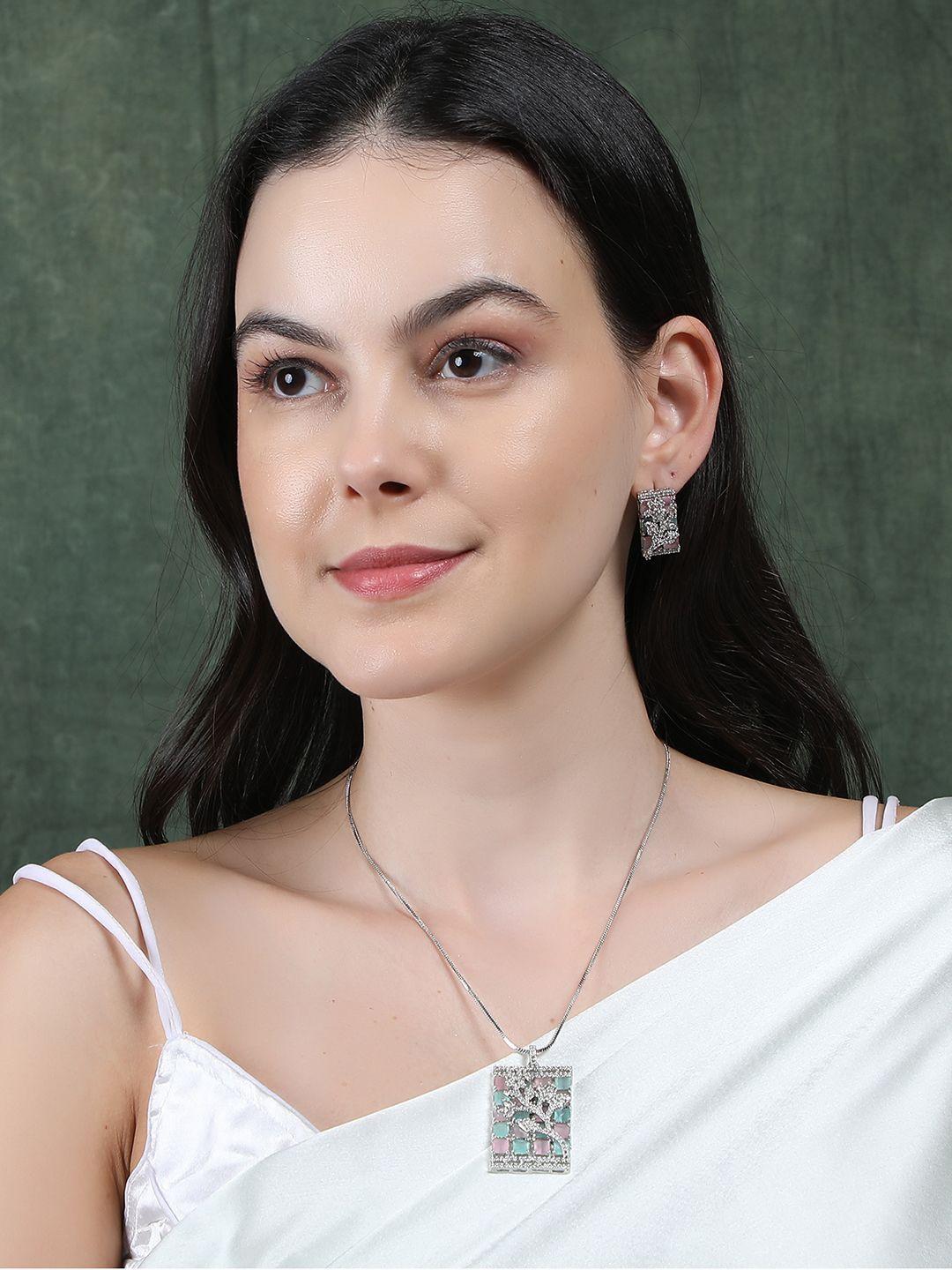 Silver Plated American Diamond Studded Big Square Necklace And Earrings